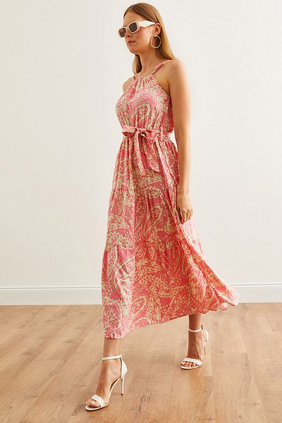 Olalook Rosa Neckholderkleid aus Viskose – mit Gürtel, ELB-19001548
