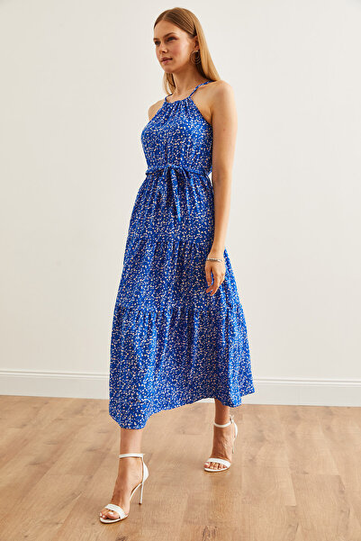 Olalook Modré ohlávkové viskózové šaty s límcem - drobný květinový vzor ELB- 19001548