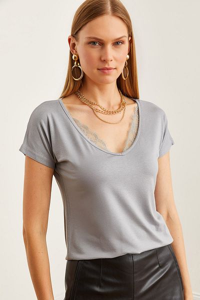 Olalook Γκρι Δαντέλα Viscose Γυναικεία Μπλούζα - BLZ- 19000873