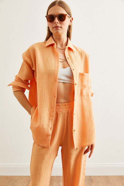 Olalook SalMon Color Oversize Γυναικείο πουκάμισο μουσελίνας - GML- 19001217