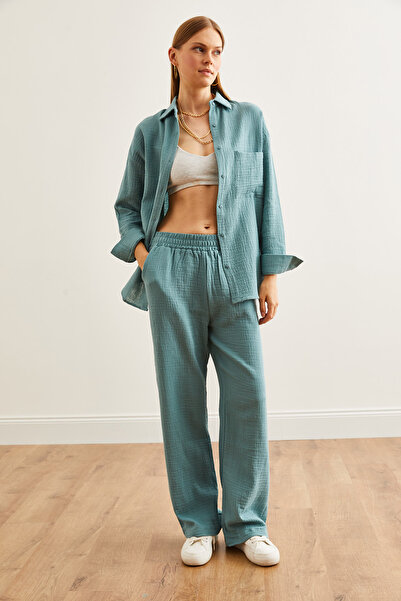Olalook Kadın Mint Yeşili Beli Lastikli Cepli Müslin Pantolon PNT-19000279