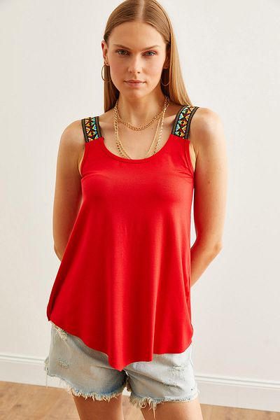 Olalook Red Ethnic Viscose Blouse - Asymmetric Cut, Strap Model BLZ- 19002703