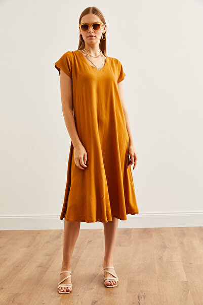 Olalook Mustard V-neck Viscose Casual Women's Dress - ELB- 19002245
