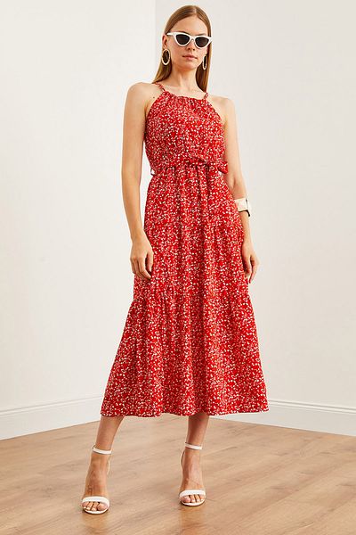 Olalook Rotes Neckholder-Kleid aus Viskose mit kleinem Blumendruck – mit Gürtel, ELB-19001548