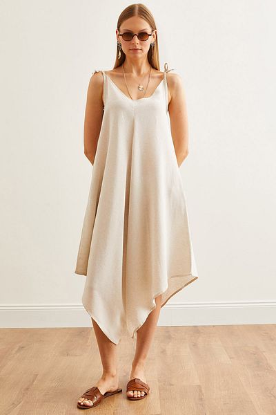 Olalook Jumpsuit aus Viskosegewebe für Damen – Steinfarbene Träger, gebundene Tasche TLM-19000116
