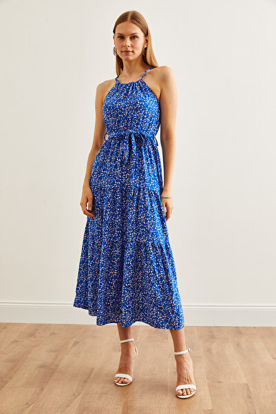 Olalook Modré ohlávkové viskózové šaty s límcem - drobný květinový vzor ELB- 19001548