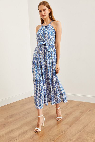 Olalook Rochie din viscoană cu gât albastru ondulat - cu curea, ELB- 19001548