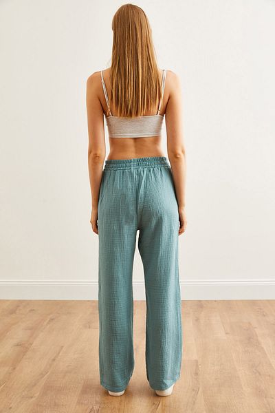 Olalook Mint Green Women's Muslin Trousers - Elastic Waist, Pockets Pnt- 19000279