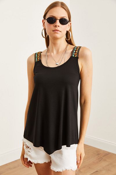 Olalook Black Asymmetrical Viscose Blouse - Ethnic Strap, BLZ- 19002703
