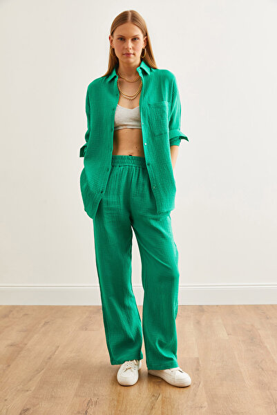 Olalook Grass Green Muslin Trousers - Elastic Waist and Pocket Pnt- 19000279