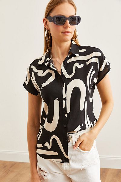 Olalook Cămașă de damă din viscoză cu model alb-negru - mânecă liliac GML- 19001233