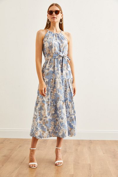 Olalook Ebru Indigo Neckholder-Kleid aus Viskose mit Gürtel - ELB- 19001548