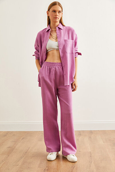 Olalook Kadın Mor Beli Lastikli Cepli Müslin Pantolon PNT-19000279