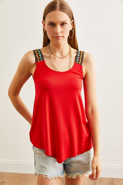 Olalook Red Ethnic Viscose Blouse - Asymmetric Cut, Strap Model BLZ- 19002703