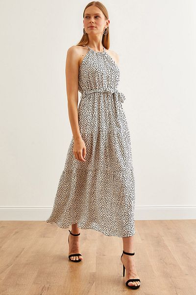 Olalook Women's Polka Dot Ecru Halter Collar Belted Woven Viscose Dress ELB-19001548