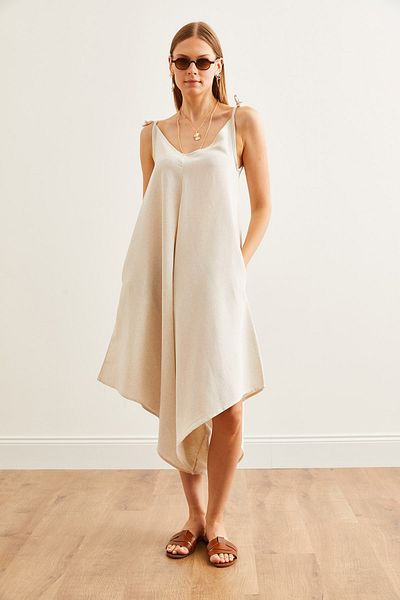 Olalook Jumpsuit aus Viskosegewebe für Damen – Steinfarbene Träger, gebundene Tasche TLM-19000116