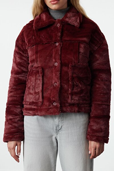 Trendyol Collection Burgundy Plush Jacket - Oversize, Quilted Detail, Twoaw25Mo00130