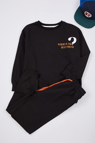 TRENDYOLKIDS Cotton Slogan Black Knitted Set - Tkdaw25Au00009