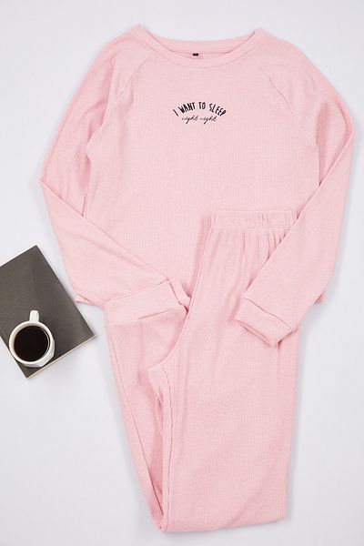 Trendyol Collection Pink Cotton Slogan Embroidered Ribbed Knitted Pajama Set Thmaw25Pt00059