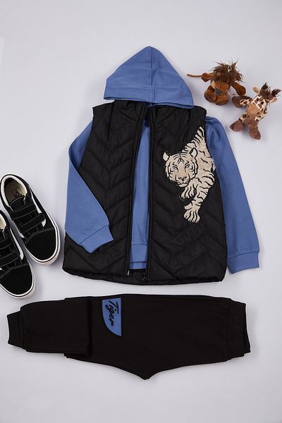TRENDYOLKIDS Boy's Black Printed Cotton Hooded Vest and Pants Set - Tkdaw25Au00084
