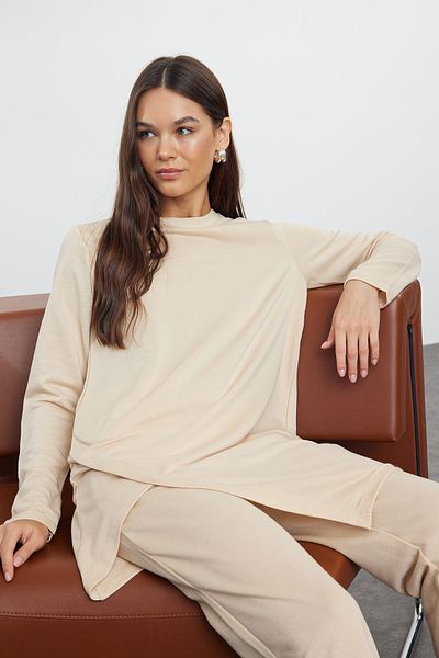 Trendyol Modest Asymmetric Cut Beige Knitted Set - TCTAW25US00062