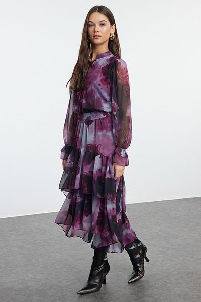 Trendyol Collection Μίντι φόρεμα με βολάν με βολάν με δαμάσκηνο - Winter Woven, Limited Edition TWOAW21EL1448