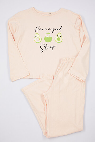 Trendyol Collection Light Salmon 100% Cotton Slogan and Avocado Printed Knitted Pajamas Set Thmaw25Pt00112