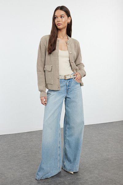 Trendyol Collection Crew Neck Mink Knitwear Cardigan - Jacket Look Twoaw25Hi00061