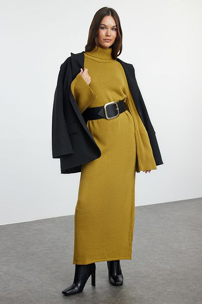 Trendyol Modest Wide Sleeve Oil Green Knitwear Dress - TCTAW25EB00036