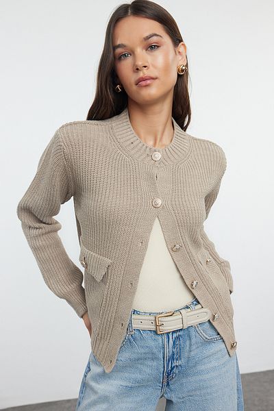 Trendyol Collection Crew Neck Mink Knitwear Cardigan - Jacket Look Twoaw25Hi00061