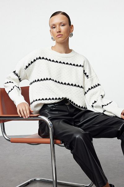 Trendyol Collection Openwork Ecru Striped Knitwear Sweater - Hole Detailed TWOAW25KZ00201