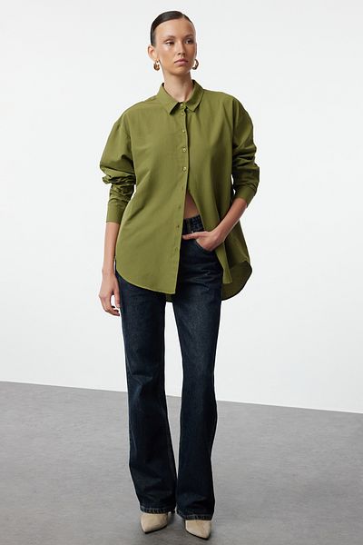 Trendyol Collection Cotton Dark Khaki Shirt - bő szabású TWOAW20GO0107
