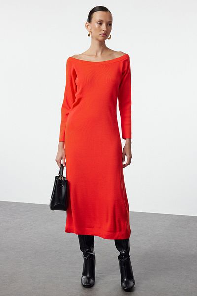 Trendyol Collection Knitwear Boat Neck Midi Dress - Red Twoaw25El00043