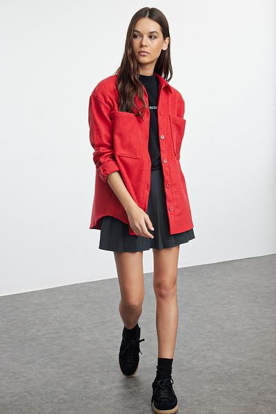 Trendyol Collection Túlméretes piros pecsétes szőtt ing - dupla zsebes TWOAW23GO00356