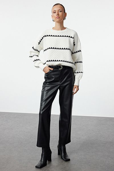 Trendyol Collection Openwork Ecru Striped Knitwear Sweater - Hole Detailed TWOAW25KZ00201
