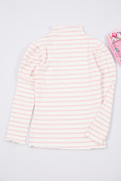 TRENDYOLKIDS Pink Striped Girl's T-shirt - Stand Collar, Knitted - Tkdaw25ts00003