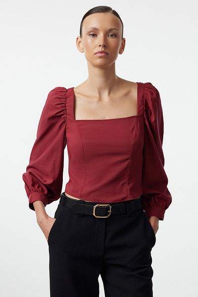 Trendyol Collection Bluză țesătă burgundă cu mânecă cu balon - guler pătrat, TWOAW21BZ0210
