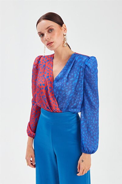 Sateen 947-1040 Sax Mavi-oranj Kadın Kontrast Desenli Kruvaze Bluz