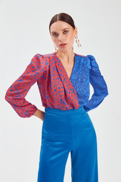 Sateen 947-1040 Sax Blue-Orange Women's Contrast Patterned Double Breasted Blouse