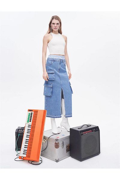 Koton Fustă midi din denim cu buzunar cargo cu fante cu talie normală