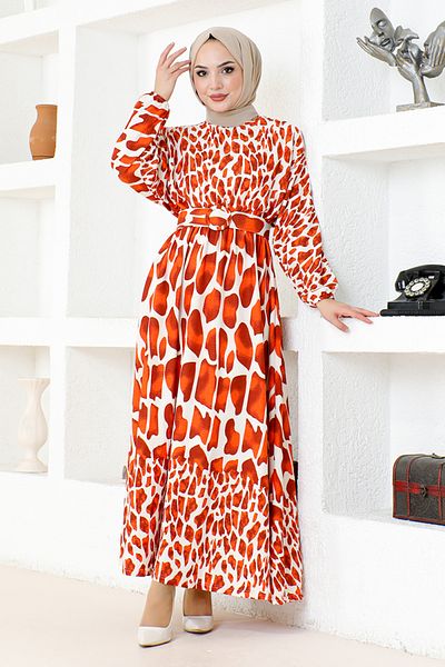 ModaMerve Brick Color Leopard Patterned Dress - HBS9580