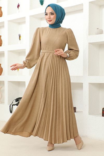 ModaMerve Rochie cu curea colorată Latte - HBS4011