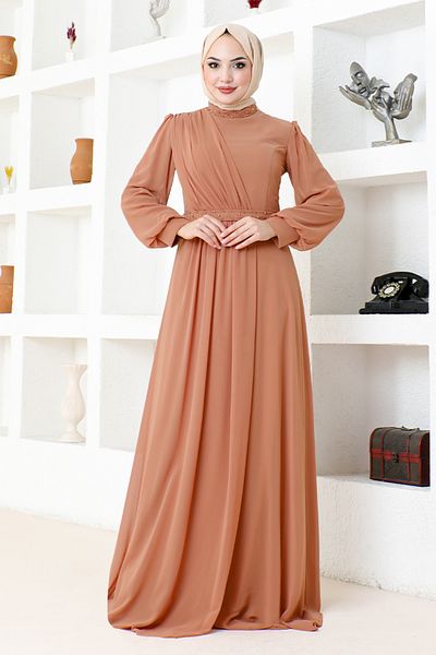 ModaMerve Βραδινό φόρεμα Tan Chiffon - Μοντέλο MDY4858