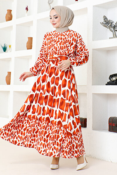 ModaMerve Brick Color Leopard Patterned Dress - HBS9580