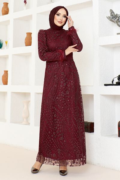 ModaMerve Burgundy Glitter Tulle Evening Dress - YGS6569