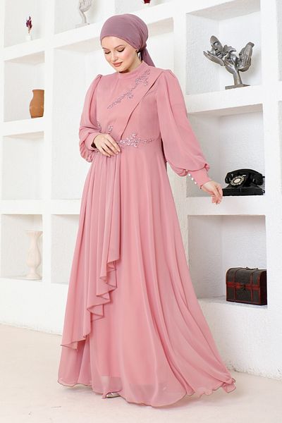 ModaMerve Βραδινό φόρεμα σιφόν ABY5652 Model Dusty Rose