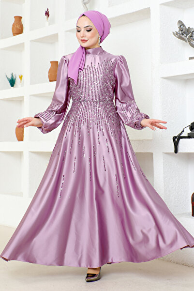 ModaMerve Satin Stone Detailed Dried Rose Evening Dress - YGS6561