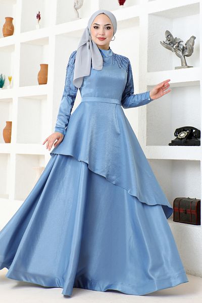 ModaMerve MDY4958 Rochie de seara din satin albastru model