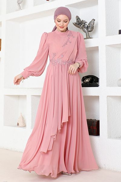 ModaMerve Βραδινό φόρεμα σιφόν ABY5652 Model Dusty Rose