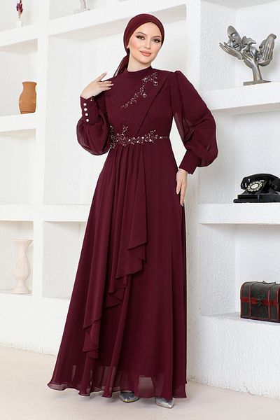 ModaMerve Burgundy Chiffon Evening Dress - ABY5652 Model